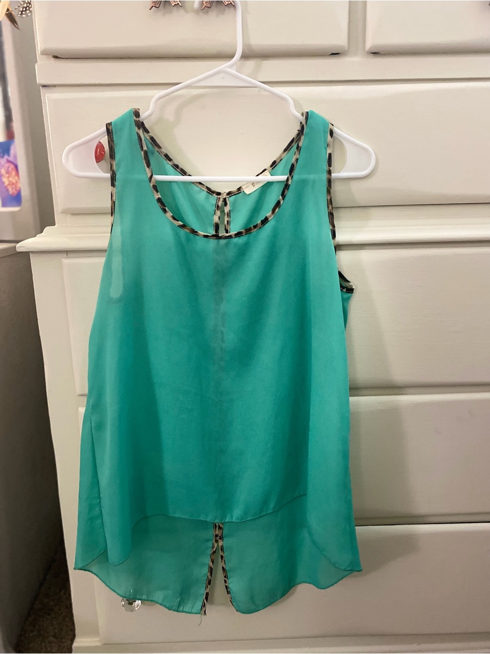 Sleeveless Teal Chiffon Shell Top with Leopard Trim- Preowned Great Condition- S